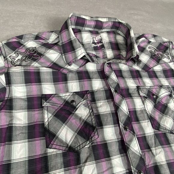 Rock 47 by Wrangler Shirt Men's XXL LS Plaid Pattern W Embroidering & Snaps - Picture 6 of 10